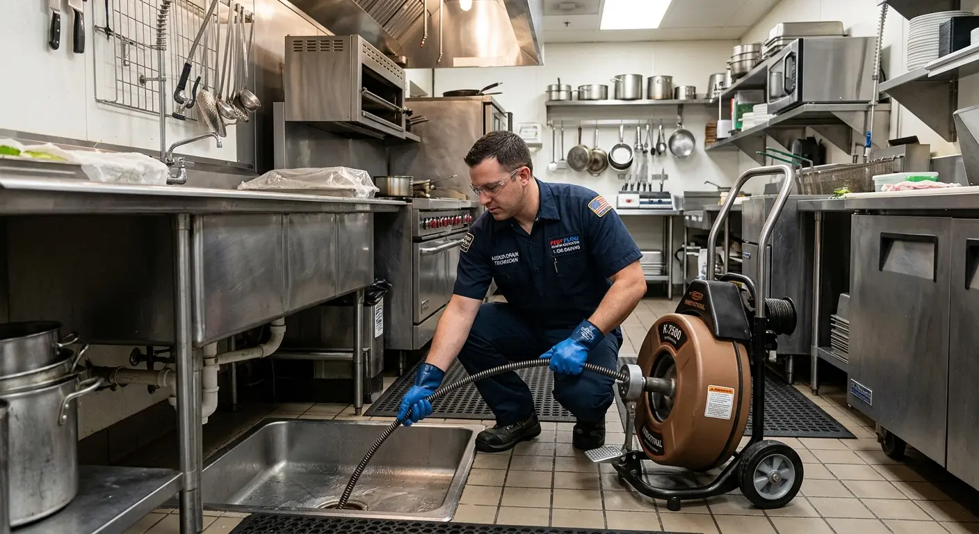 Commercial drain cleaning service in a restaurant kitchen in Eagle Lake