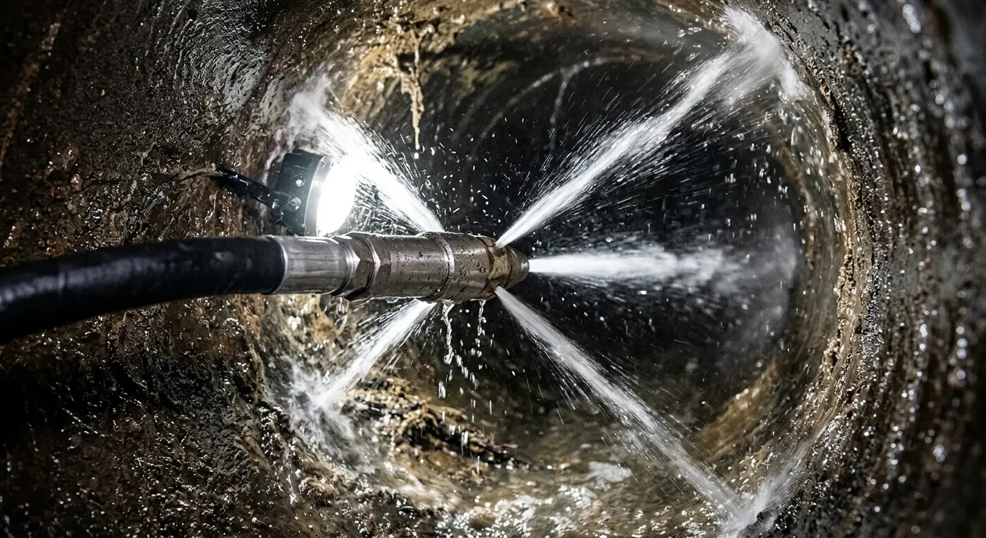 High-pressure hydro jetting nozzle cleaning sewer pipe for Sewer Line Relining in Eagle Lake