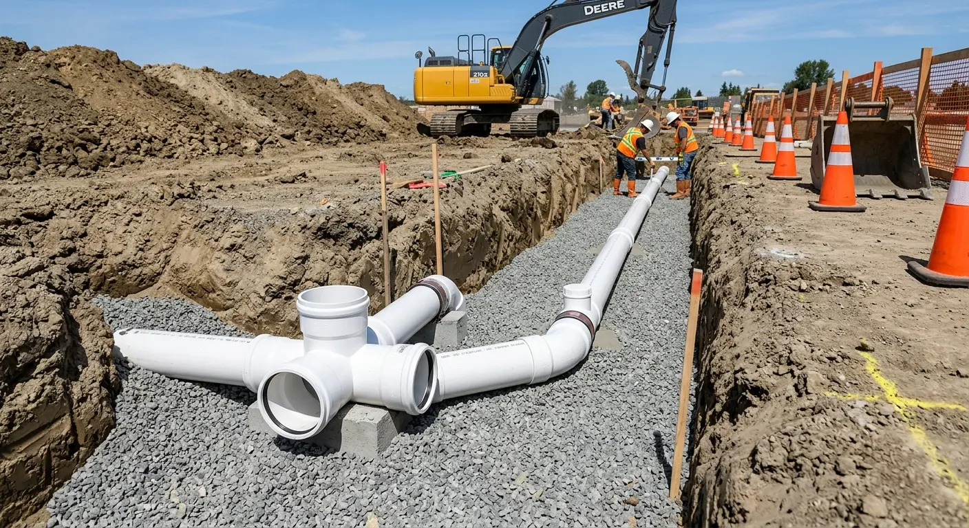 New PVC sewer pipe installation in open trench for Sewer Backup in Eagle Lake