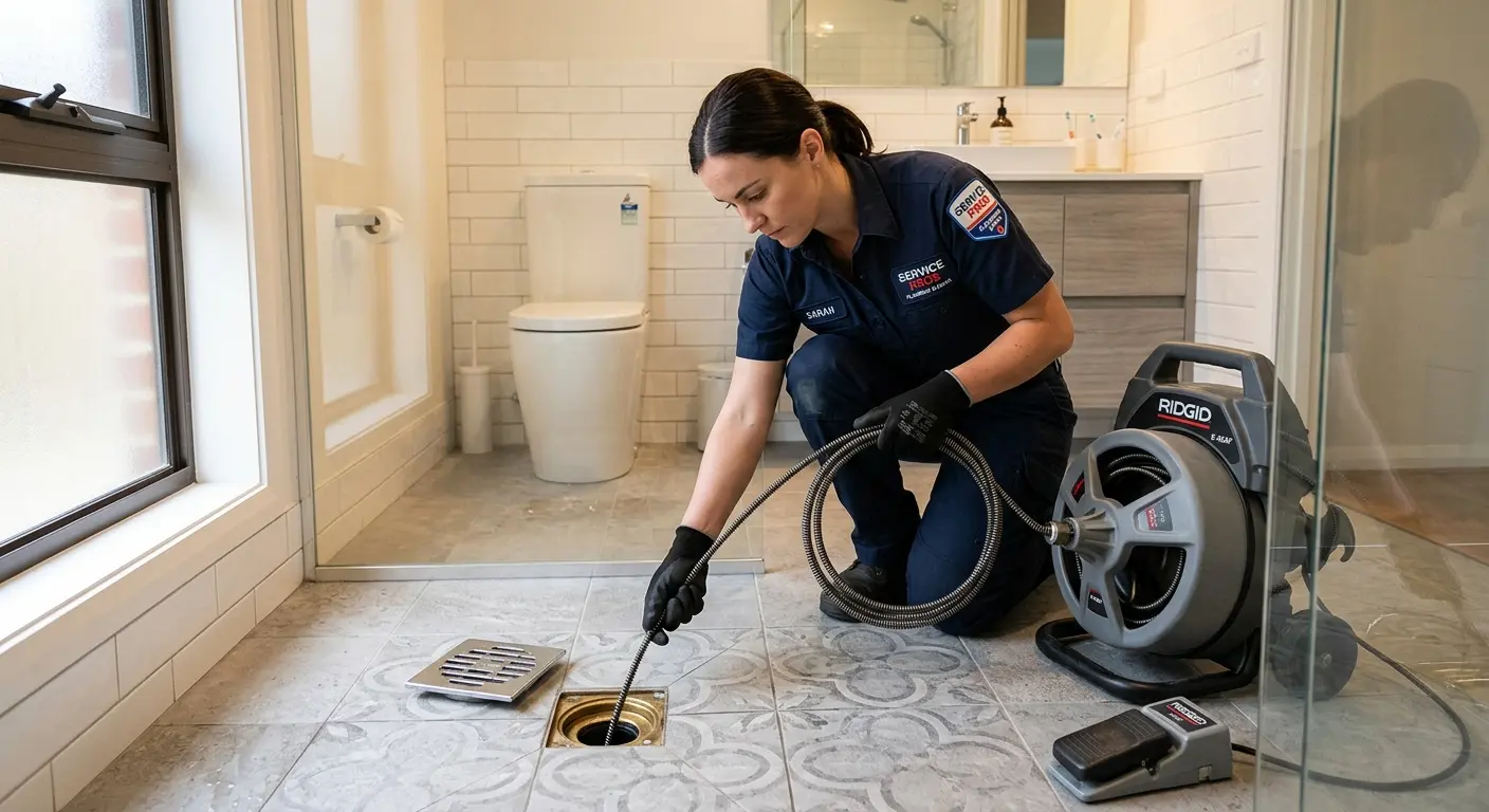 Technician clearing a bathroom floor drain for Drain Cleaning in Eagle Lake